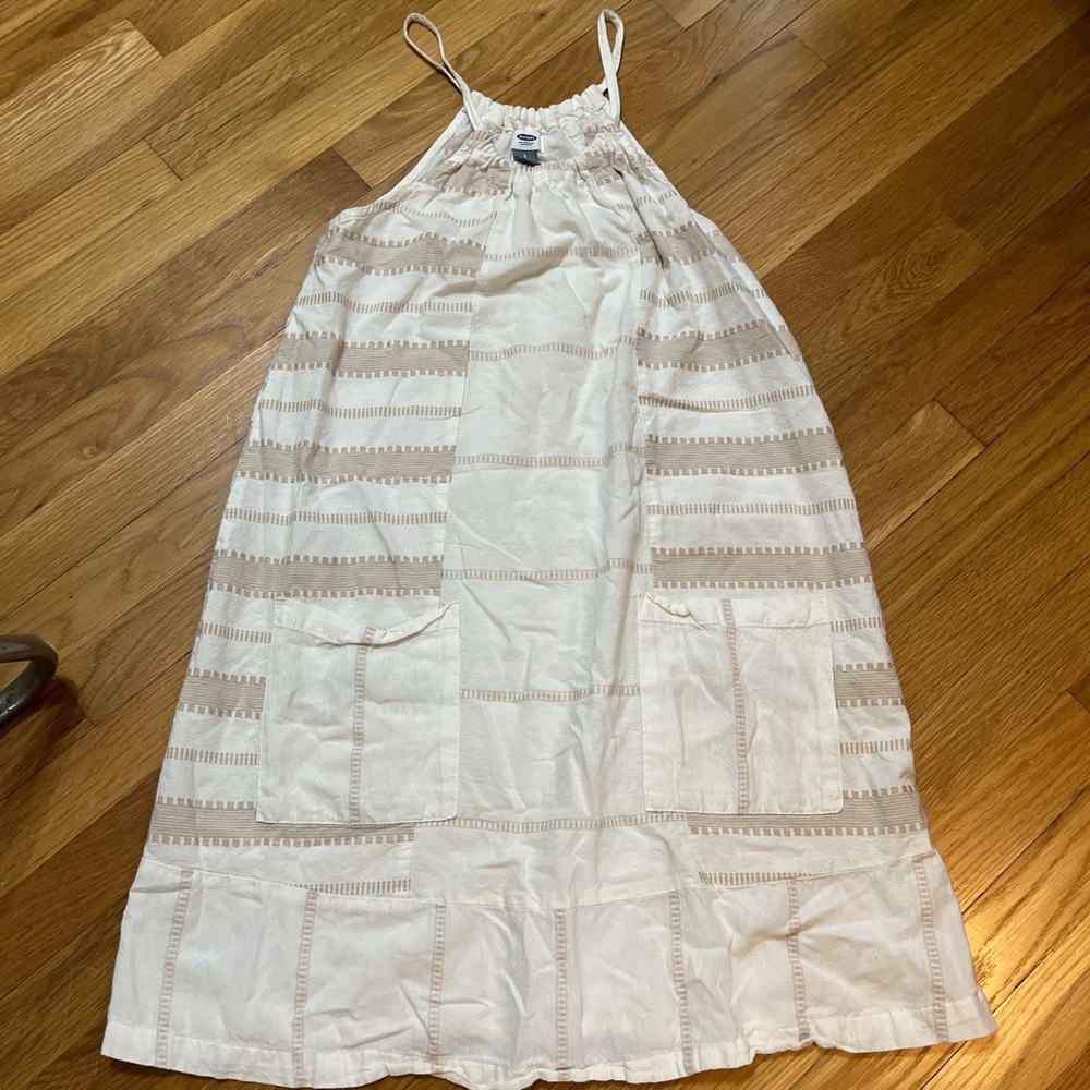 White and Tan Striped Midi Dress